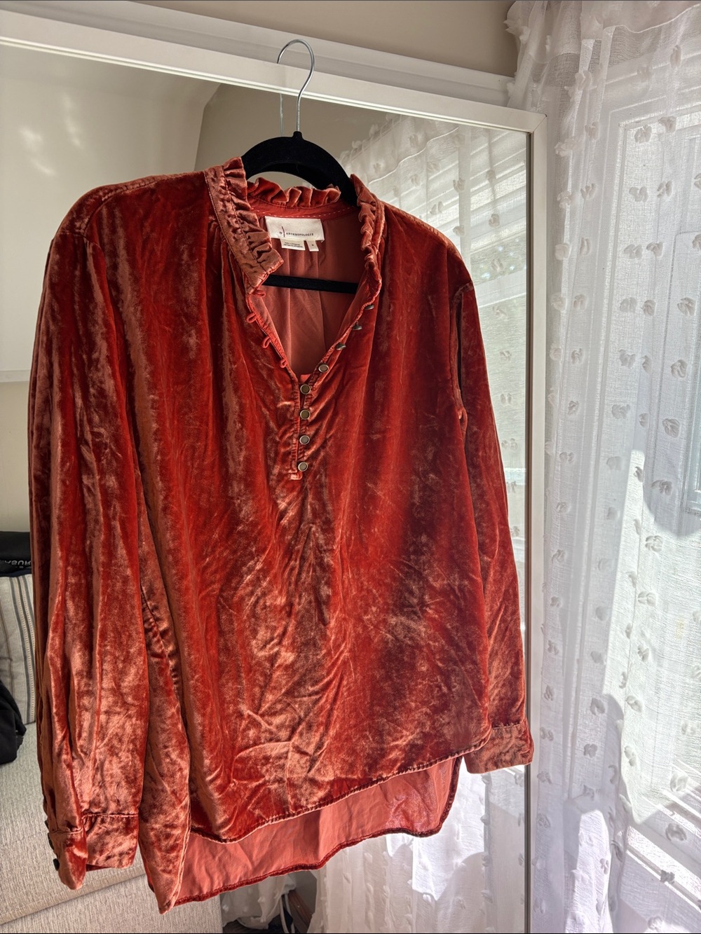 Anthropologie Velvet Ruffled V-Neck Blouse in Rust